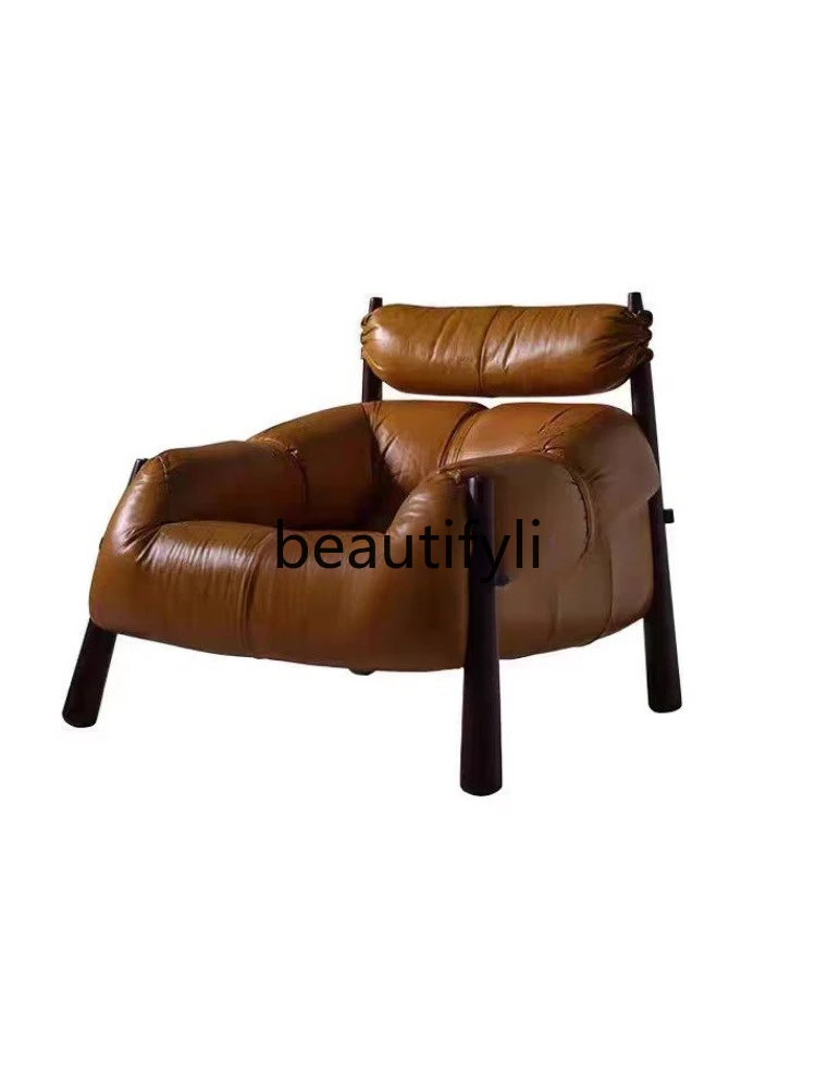 Medieval single sofa chair living room balcony lazy chair retro oil wax leather armrest negotiation chair