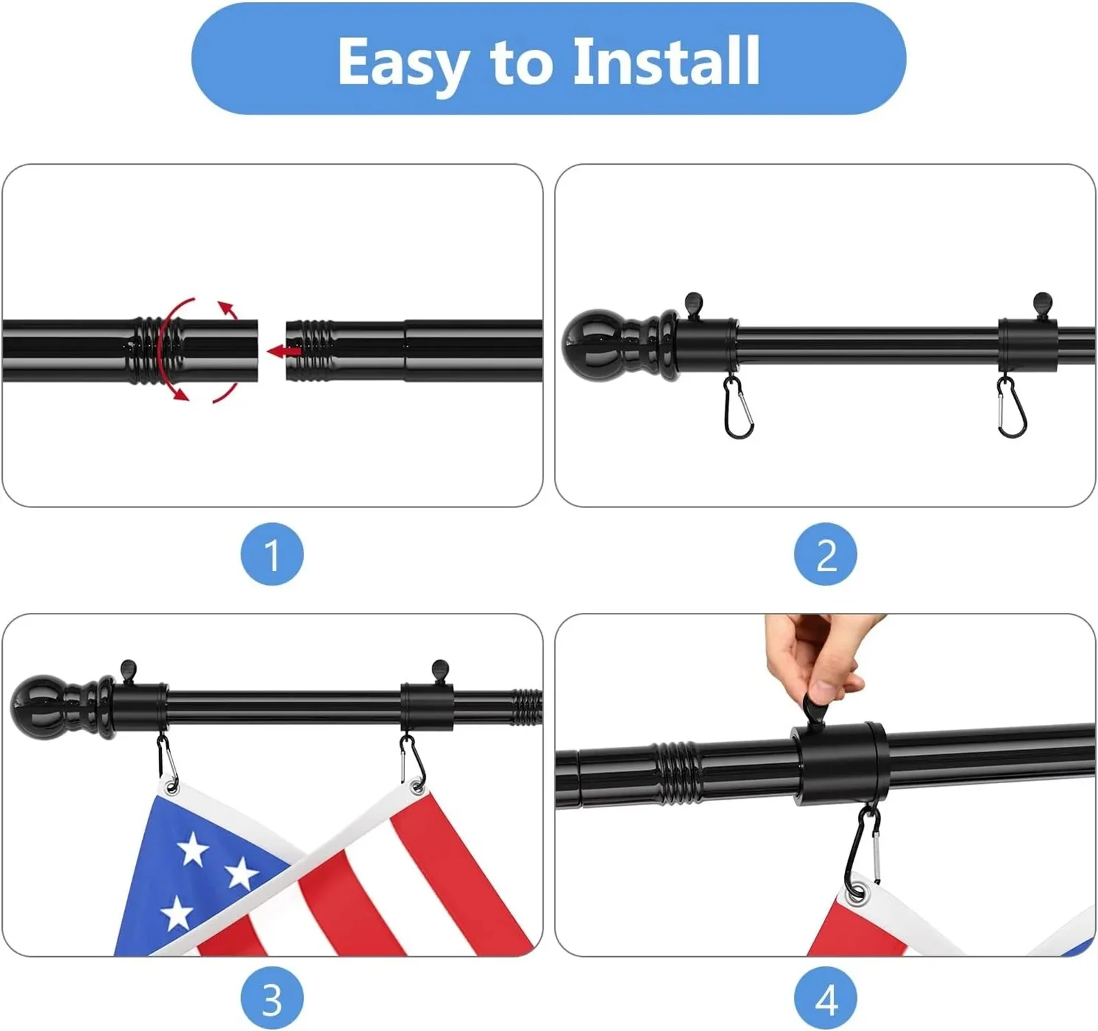 6FT Flag Pole Kit Heavy Duty Bracket Metal Pole With 2 Rotating Rings