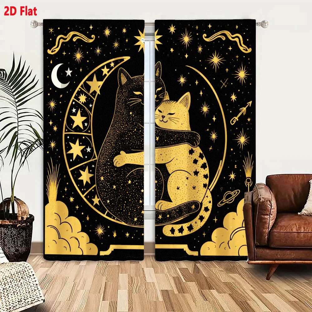 2Pcs Curtains 2D Flat Black And Gold Whimsical Illustration Two Cats Embracing On Crescent Moon With Celestial Symbols And Golde