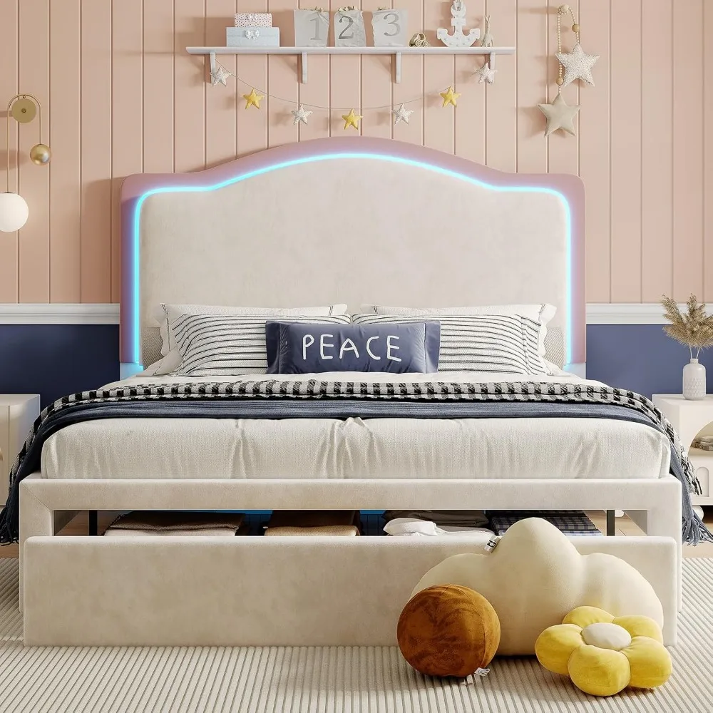 Molduras de cama dupla LED com gaveta de armazenamento, cama de plataforma estofada com cabeceira ajustável, sem necessidade de molas