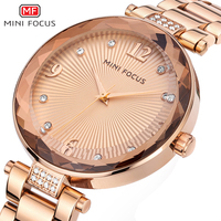 MINI FOCUS Rose Gold Women Watch Fashion Diamond Minimalist Dial Elegant Ladies Watches Steel Leather Strap Business Clock 0038L