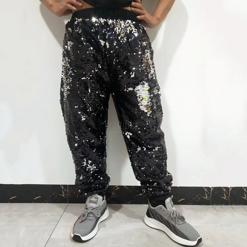 

Men Silver Black Double Side Sequins Pants Bar Glitter Trousers Nightclub Dancer Singer Stage Wear Carnival Party Jazz Costume
