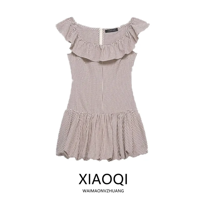 

Новинка: Женский комбинезон-платье в клетку с высокой талией, прямого кроя, в милом стиле, весна 2026