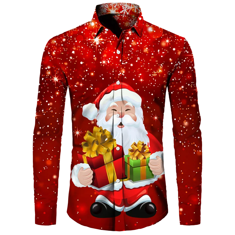 Hawaiian Christmas Theme Santa Claus Tree Shirt For Men Casual Vintage Tops 3d Printed Flower Long Sleeve Clothing Holidays Y2k