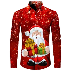 Hawaiian Christmas Theme Santa Claus Tree Shirt For Men Casual Vintage Tops 3d Printed Flower Long Sleeve Clothing Holidays Y2k