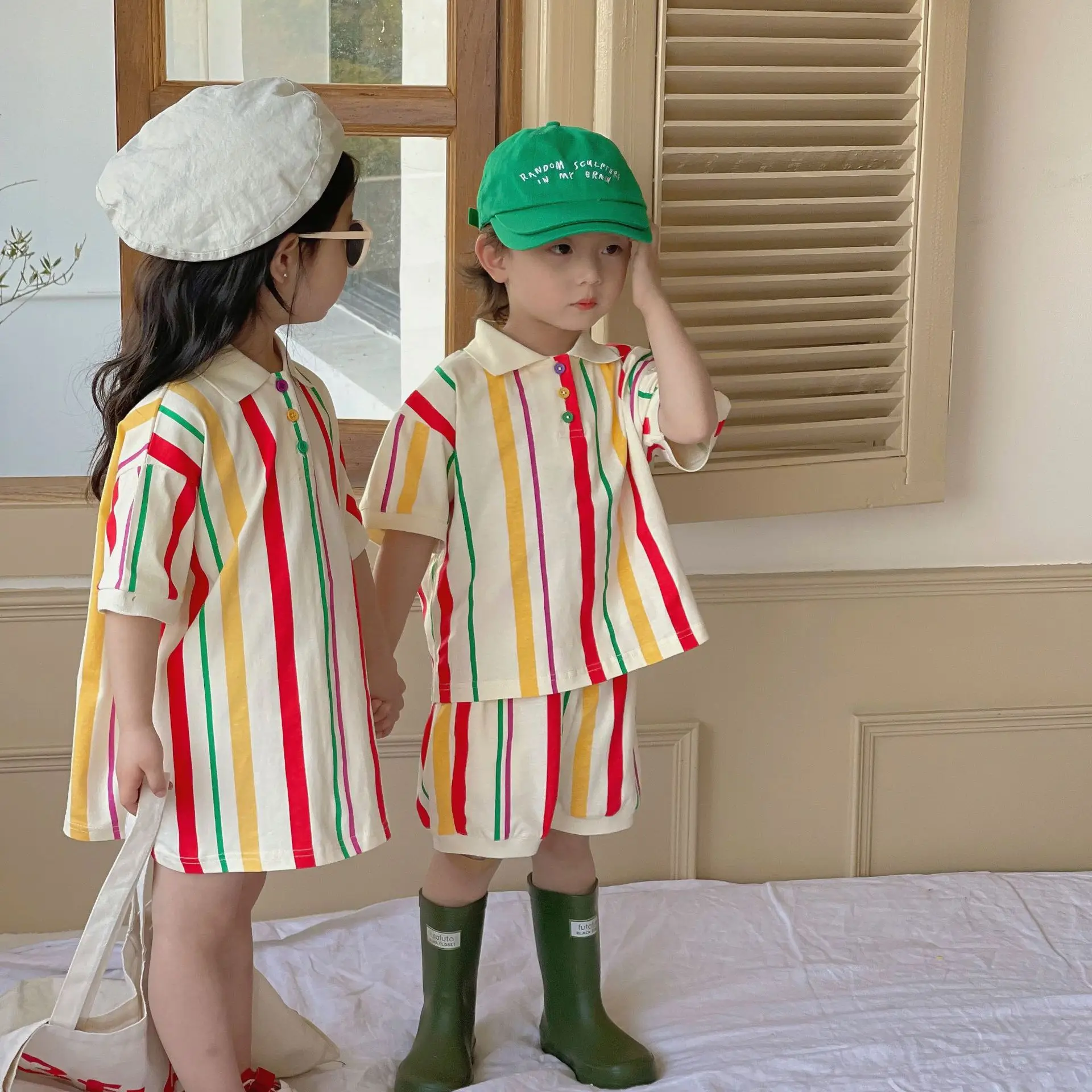 Brother Sister Clothes Set Summer Striped Kids Boys Polo Shirts+loose Shorts Outfit Contrast Short Sleeve Children Girls Dresses