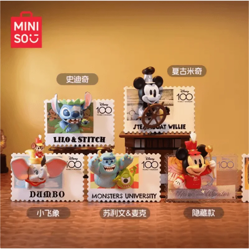 Miniso Disney Blind Box Anniversary Retro Stamps Lilo & Stitch Mickey Mouse Anime Figure Desktop Decorative Ornaments Toy Gifts