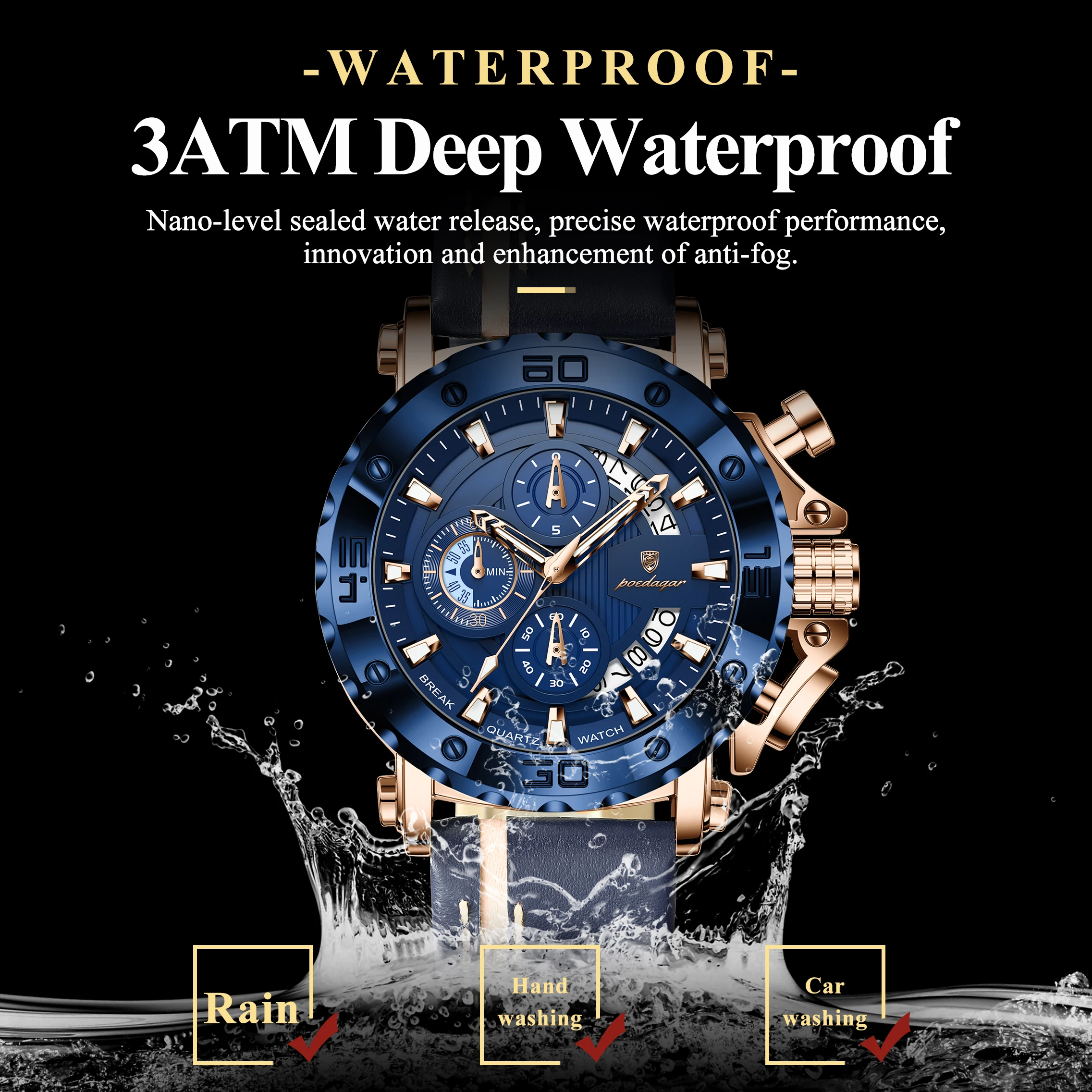 POEDAGAR Original Watches For Man Waterproof Luminous Date Fashion Male Clock Chronograph Leather Quartz Sports Men's Wristwatch image 3