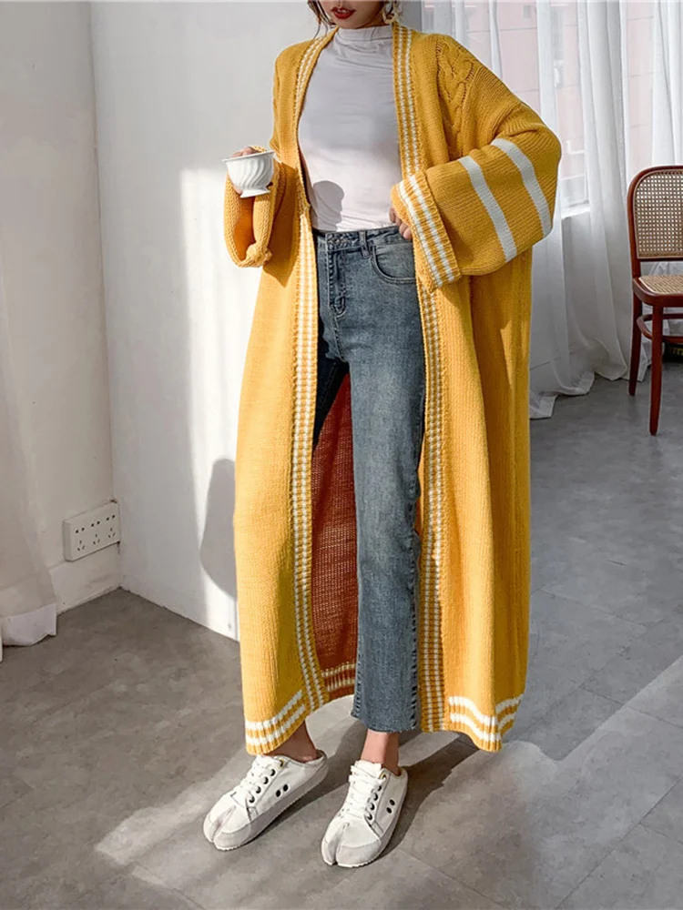 [EAM] Yellow Big Size Knitting Cardigan Sweater Loose Fit V-Neck Long Sleeve Women New Fashion Tide Autumn Winter 2024 1Y164