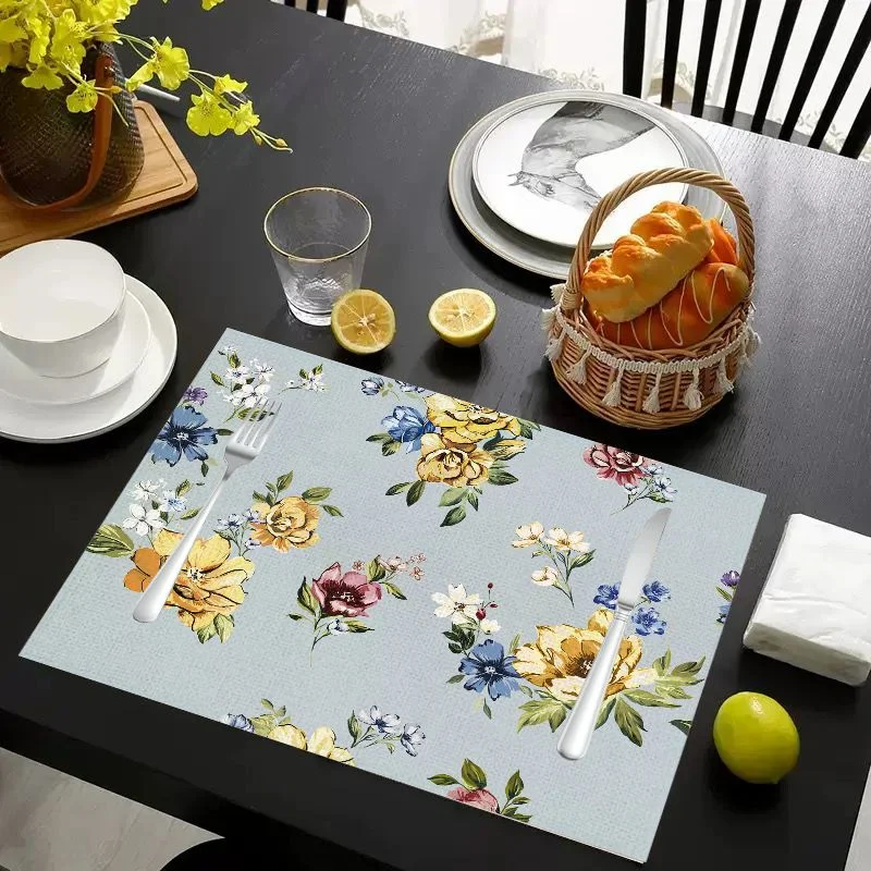 VIKAMA Placemat White Flowers Gold Foliage, Waterproof Oil-Proof Heat-Resistant Non-Slip Woven Dining Table Mat