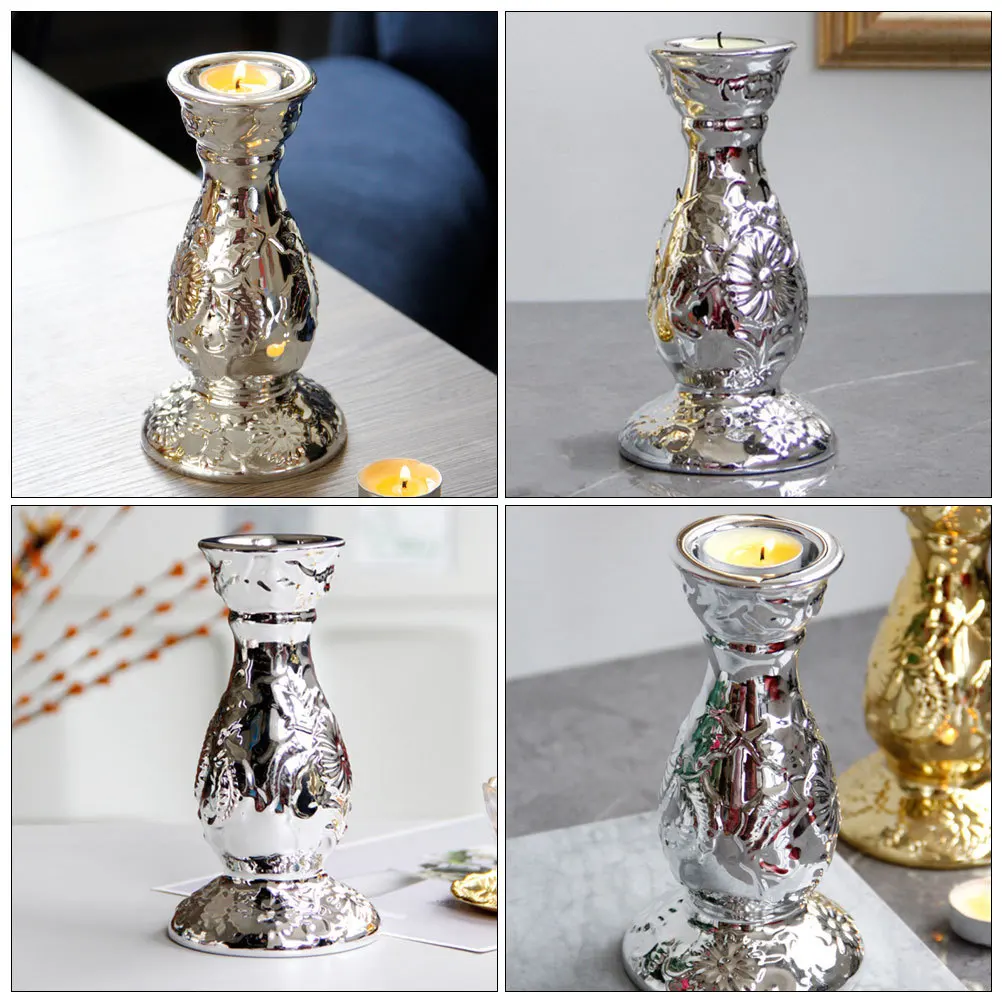 

Embossed Ceramic Holder with Gold Silver Patterns European Style Table Centerpiece Decorative Pillar Candlestick for Home