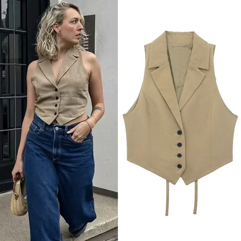 

2024 Lace-Up Solid Gilets Women Sleeveless Back Cut-Out Vest Summer 2024 Lady Single Breasted Office Wear Waistcoat