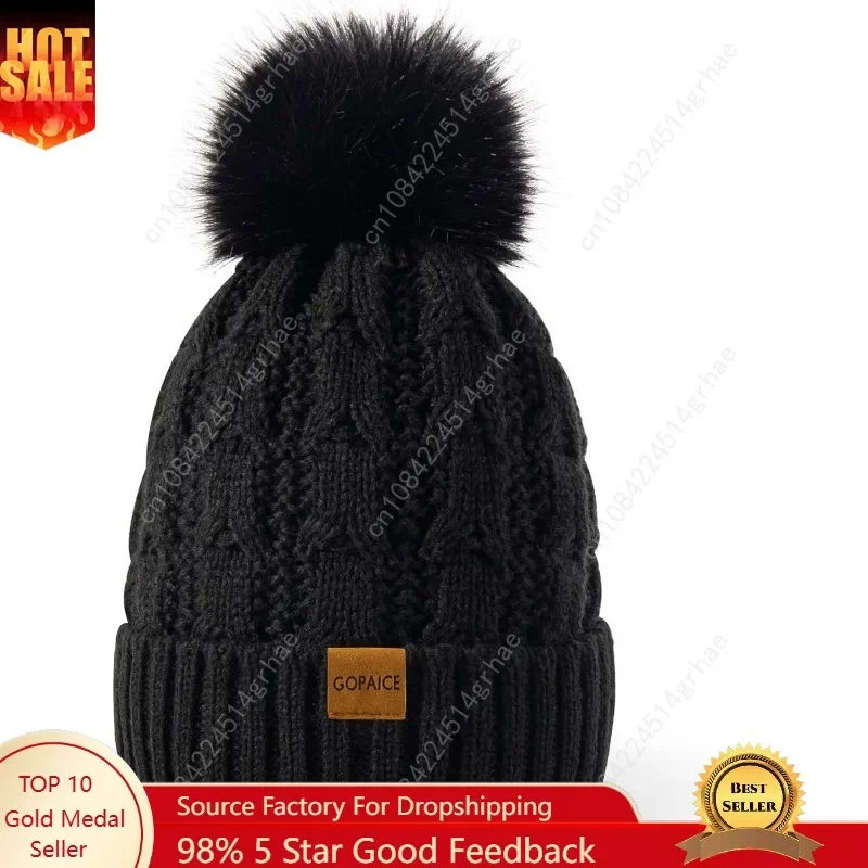 

Womens Winter Knitted Beanie Hat,Warm Fleece Lined Soft Chunky Trendy Ski Cap with Cute Pom Pom