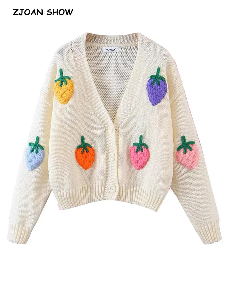 2022 Sweet Fruit Strawberry Knitted Ball Cardigan Beige Vintage Woman V neck Buttons Long sleeve Sweater Knitwear Jumper Pink