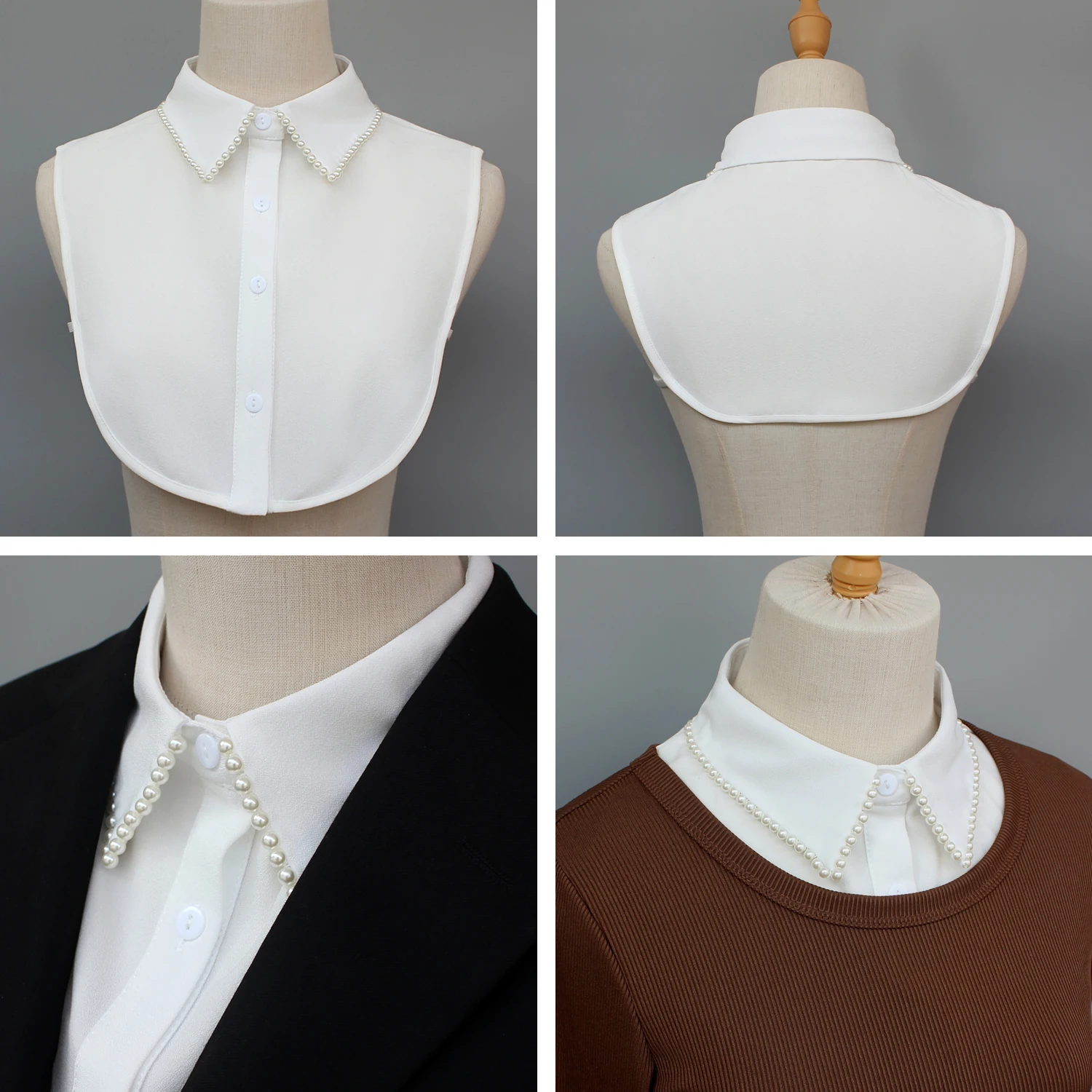 Exquisite fake collars with hand-sewn pearl embellishments. These decorative collars are unique, versatile, and detachable. The