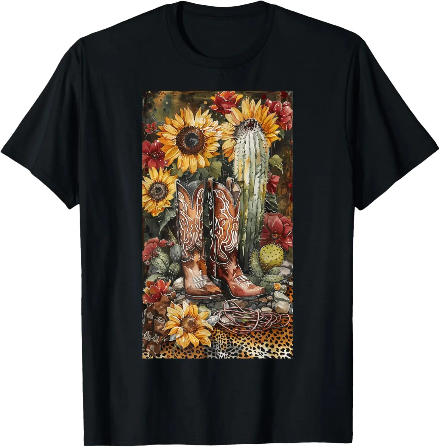 Watercolor Rendering Sunflowers Cowboy boots Cow T-Shirt