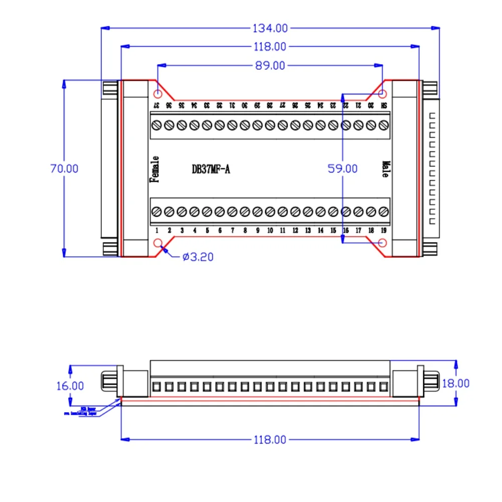 Field Application Terminal Block Terminal Block Female Connector As Shown In The Picture DB37MF-A Adapter Pin-to-pin Mapping