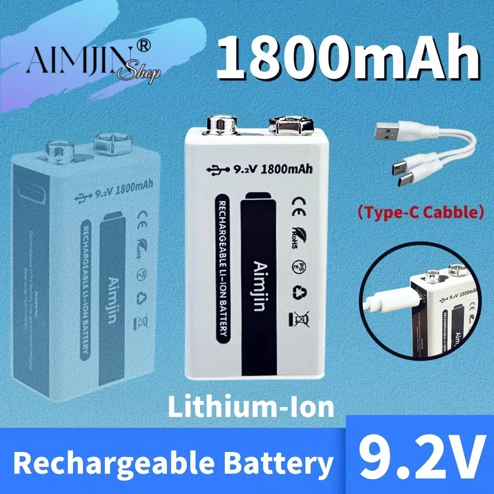 9V 1800mAh Li-ion Rechargeable Micro USB Battery 9.2v ,for Multimeter Microphone Toy Remote Control