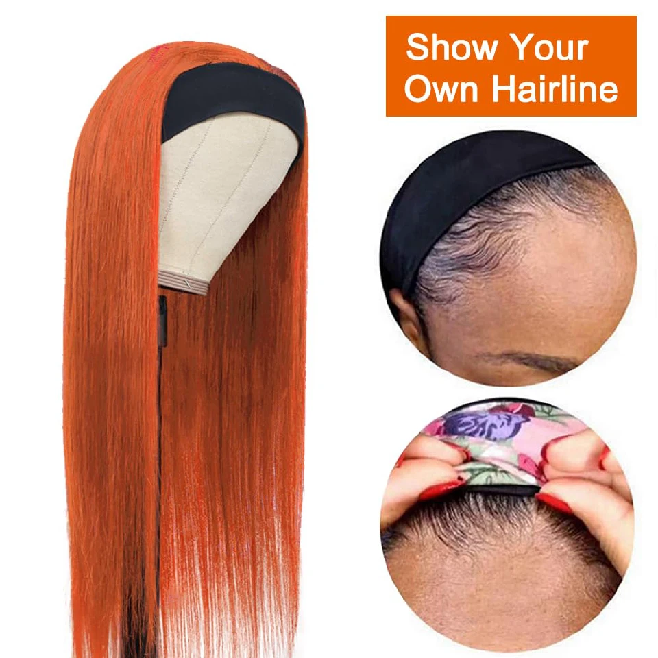 Orange Ginger Headband Wigs Bone Straight Human Hair Wigs For Women Brazilian Remy Hair Colored Brazilian Scarf Wig On Sale 180%