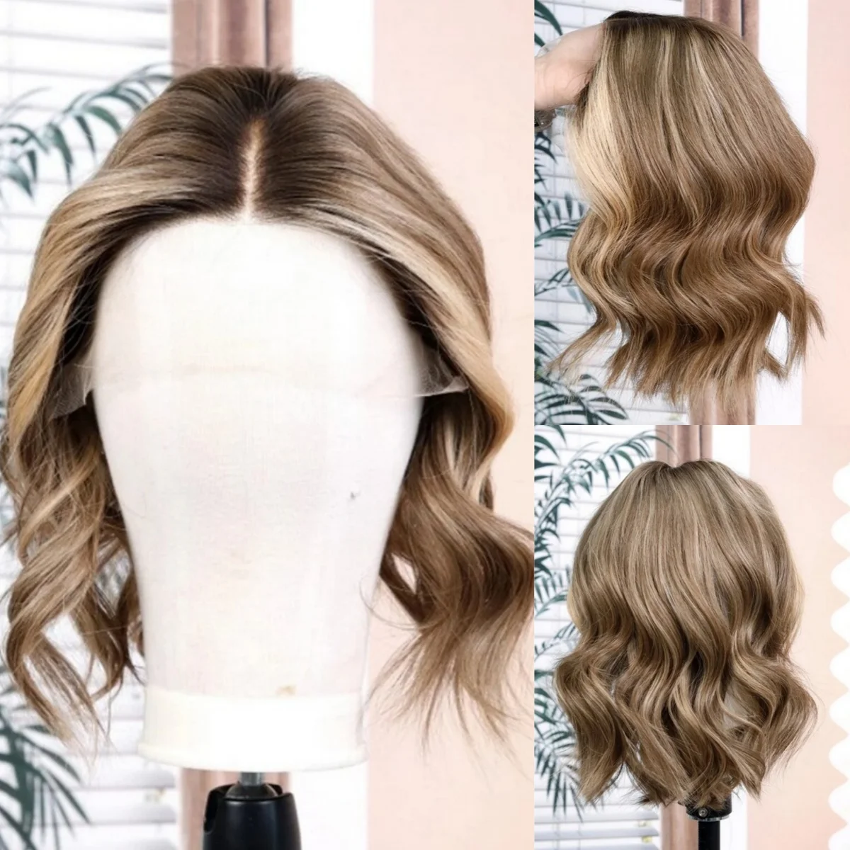 

Synthetic Wigs Adjustable 12'' Short Natural Wave Lace Front Wig Female Ombre Honey Blonde Bob Wig High Density Daily Party Use