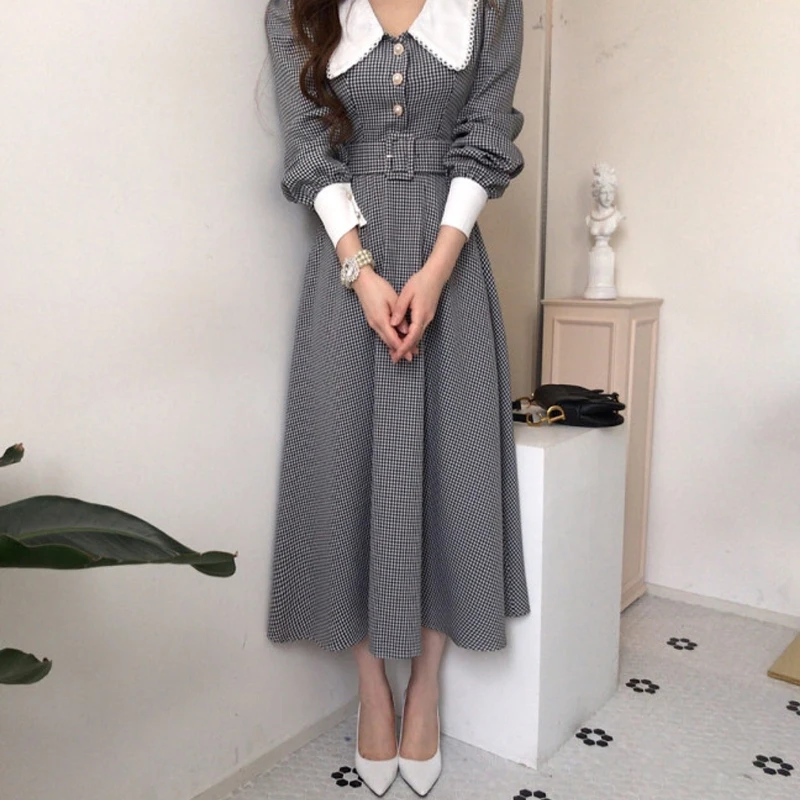 Elegant Korean Autumn Plaid Lapel Neck A Line Dress Chic Women Peter Pan Collar Puff Sleeve Pearls Button Belt Long Vestidos