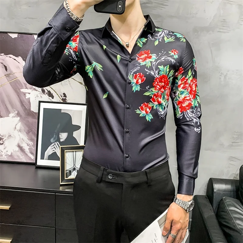 

Dress Shirt Camisa Luxury Masculina High Quality Flower Print Men Shirts Long Sleeve Slim Fit Floral Shirts Social Party Spring