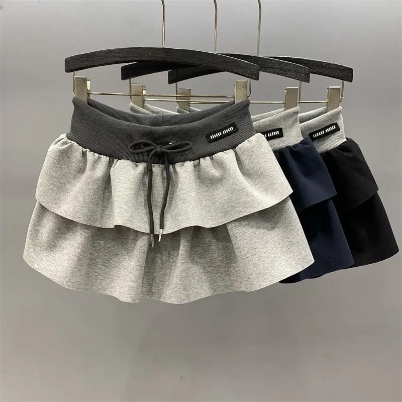 Spring Summer New Elastic Waist Drawstring A-line Short Skirt Solid Patchwork Loose Sweet Puff Skirt Fashion Y2K Women Clothing