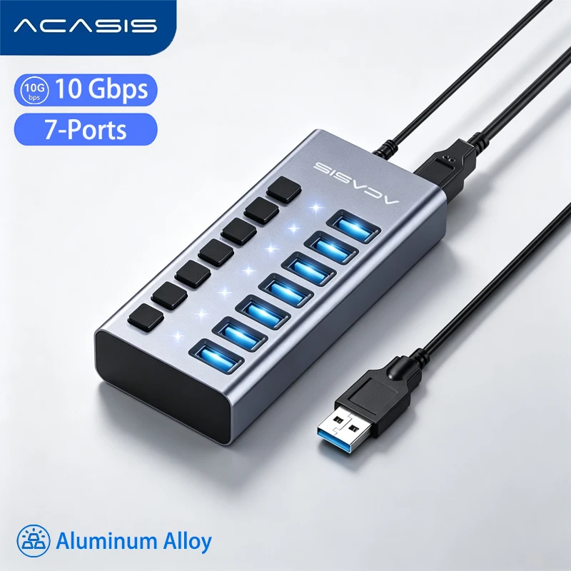 ACASIS 7 Port USB3.1 Hub 10Gbps USB Splitter Individual OFF/ON Switch LED Indicator Data&Charge For PC Laptop Macbook Extender