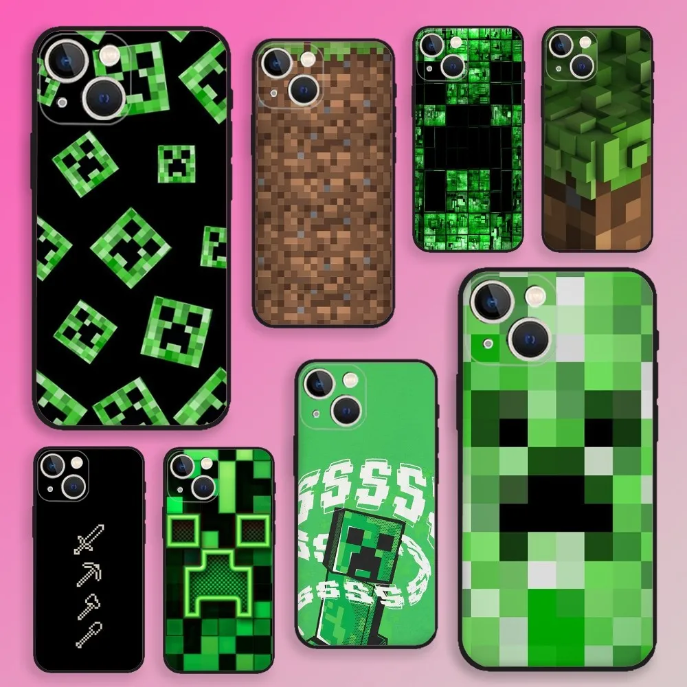 Capa de telefone Green Pixel Monster para iPhone 16,15,14,13,12,11,Plus,Pro Max, XS, X, XR, SE, Mini, 8,7 Capa preta de silicone macio