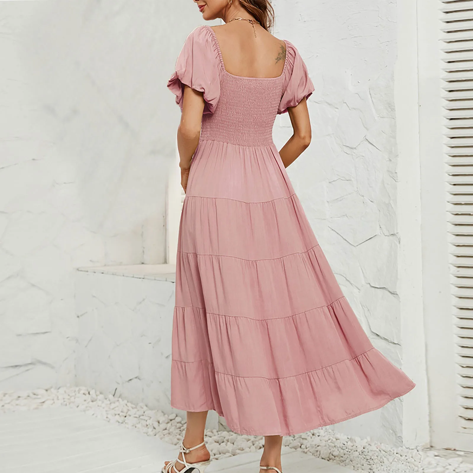 2024 Summer Women'S Fashion Temperament Elegant Sexy Solid Off Shoulder Mid Waist Pleated Lace Up Big Dress Hem Robe Vestidos