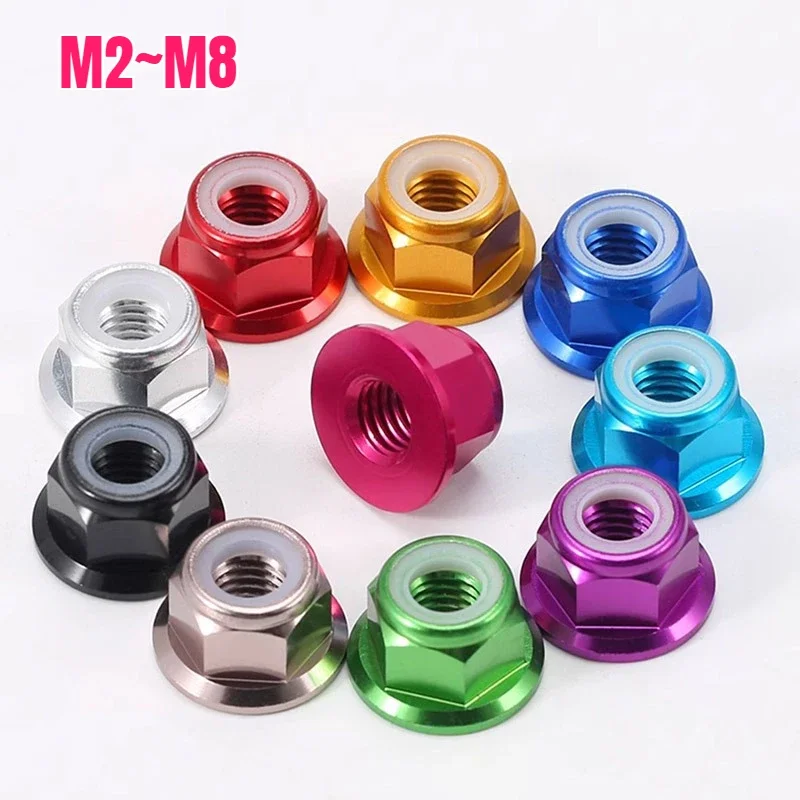 

2-10Pcs M2 M2.5 M3 M4 M5 M6 M8 Coloured Aluminum Alloy Flange Lock Nut Self-locking Nylon Insert Lock Anodized Nut