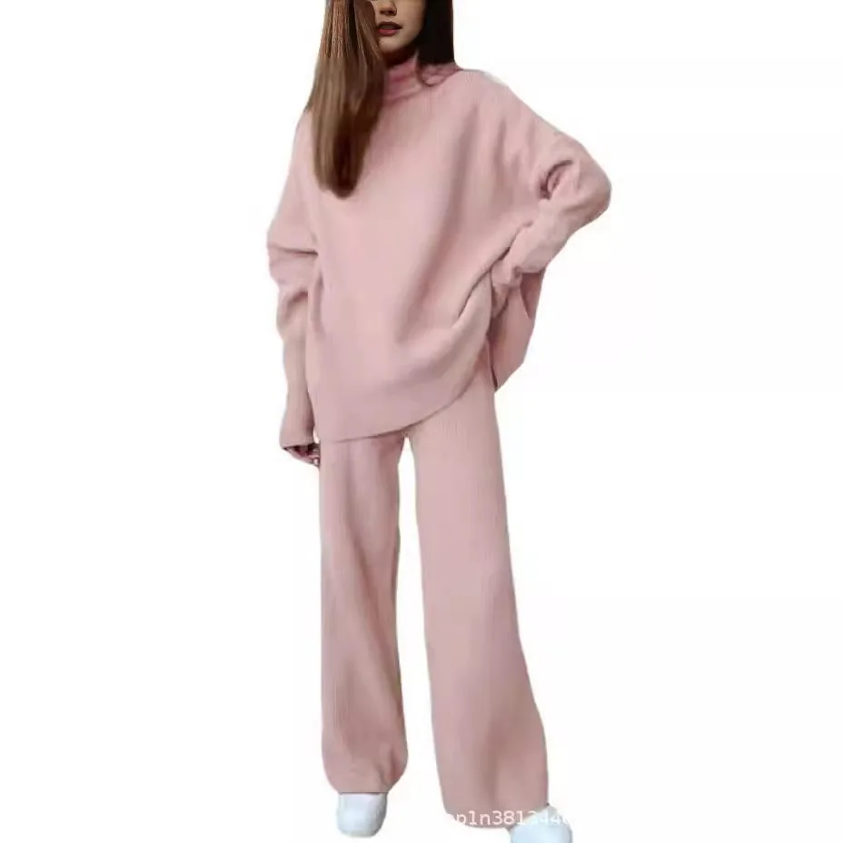 秋冬万能ラウンドネック無地スーツ レディース 長袖トップス ワイドレッグパンツ ツーピースセット 女性用パンツ