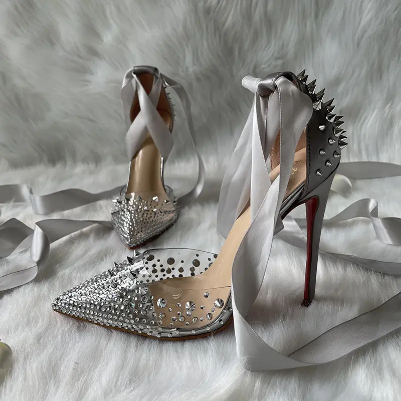 Sexy Silver Grey Stiletto Sandals Transparent Heels Studded Lace Up DOrsay Party Shoes Yuejinlong