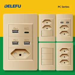 DELEFU PC Panel Fireproof Double USB Type C Charge Brazil Standard Outlet Gold Wall Power Light Switch Electrical Plug 10A 20A