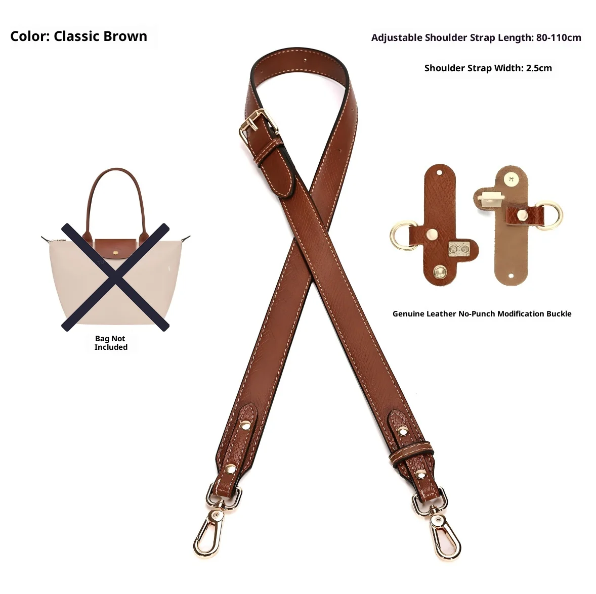 Skórzany pasek na ramię do torebki Longchamp, krótki uchwyt MOCHA, modyfikacja małej torebki bez dziurkowania, akcesoria do torebek.