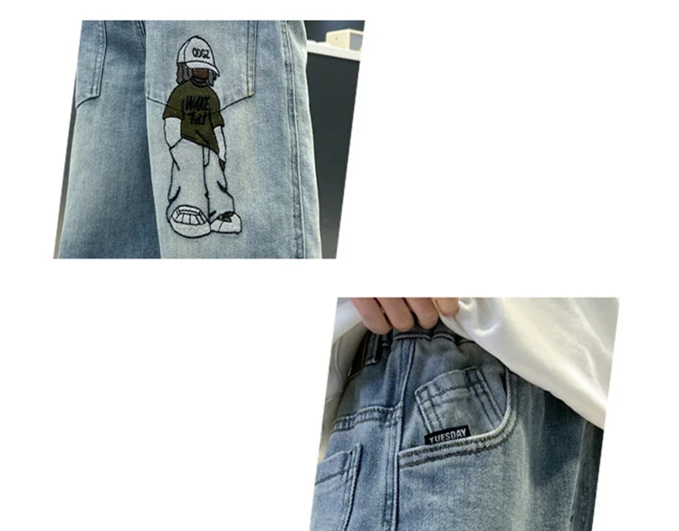 Neues Design: Baggy-Jeans für Teenager-Jungen, lässiger, lockerer Stil, Cartoon-Denim-Hosen, elegante, gerade geschnittene Jeanshosen für Kinder. – Detail 9