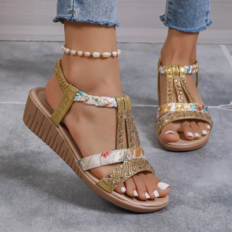 Women's Sandals 2024 Plus Size Women's Shoes Summer Casual Sandals Crystal Mixed Color Elastic Band Outdoor Women's Sandals