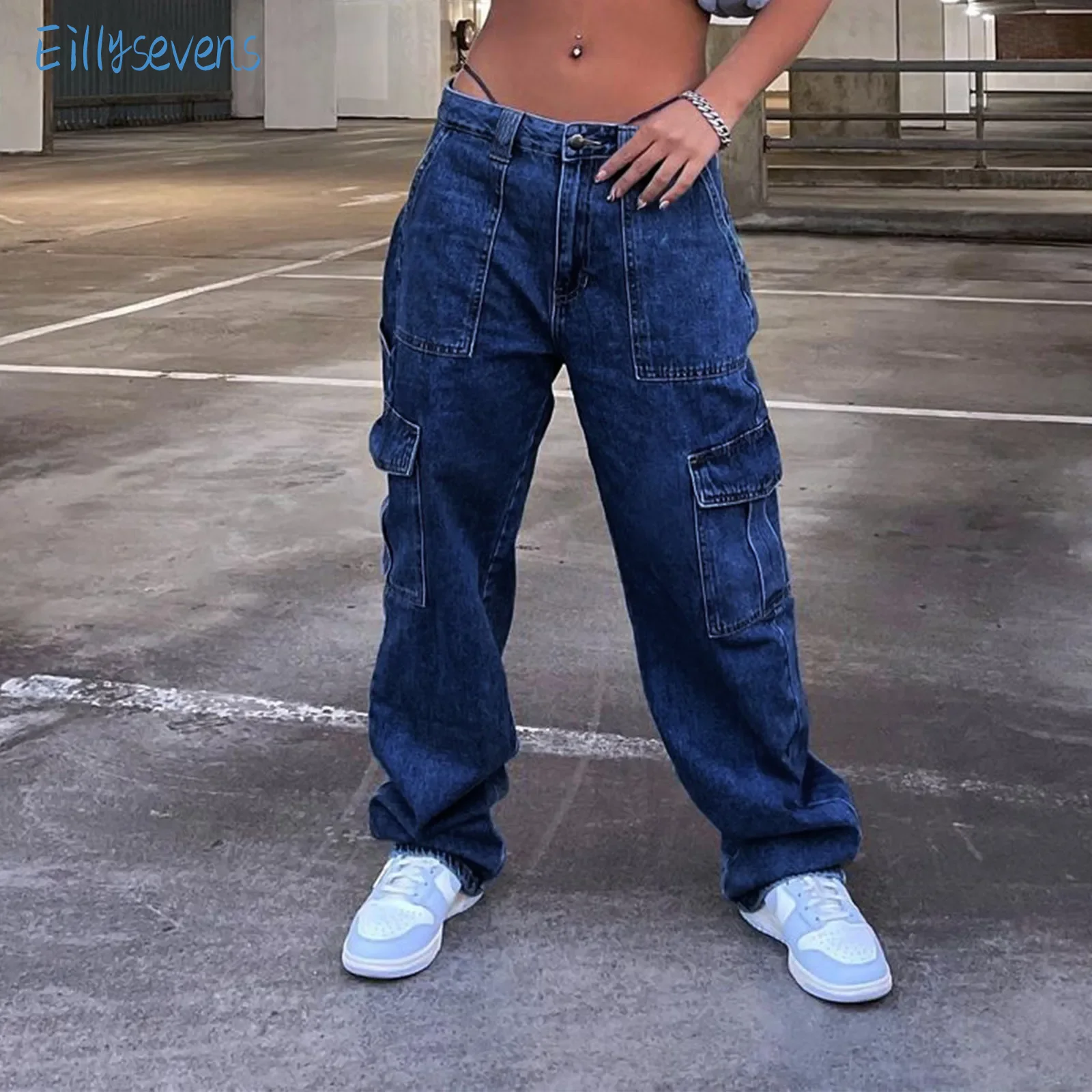 Women'S Jeans Loose Straight Cargo Style Jeans With Multy Pockets Fashion Casual Daily Commute Elastic Waist Denim Trousers