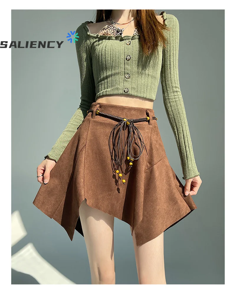 SALIENCY American Vintage Brown Irregular A-line Y2K Retro Suede Ruffled Skirts for Women Asymmetrical Winter Mini Skirt