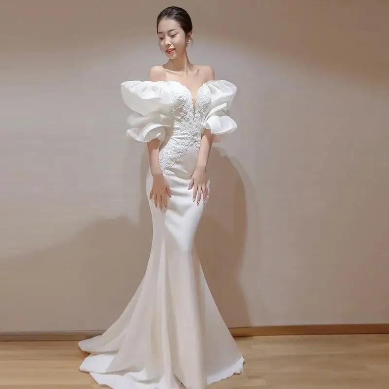 Vestido de novia ligero con correa de temperamento, vestido de baile de cola de pez blanco elegante, vestido de noche de fiesta, vestidos de novia para mujer