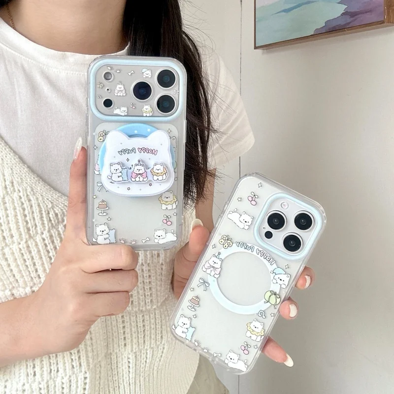 Kawaii Cartoon Puppy Magnetic Phone Case For iPhone 17 Pro 16 15 14 Pro Max Cover with Stand Fashion Cute Protective Cases Girls