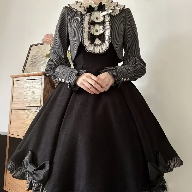 Vestido Lolita de manga comprida para mulheres, renda emendada, laço, vestidos doces, roupa de empregada, terno de duas peças, Halloween, outono, inverno, 2023