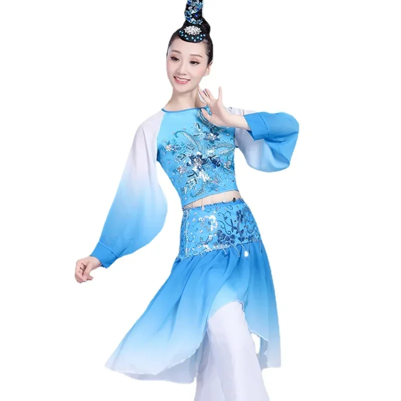 Chinesische klassische Tanzkostüme, Yangko-Tanz für Frauen, traditioneller Folk, alter Fan, Regenschirm, Tanz, Taillentrommel, Hanfu