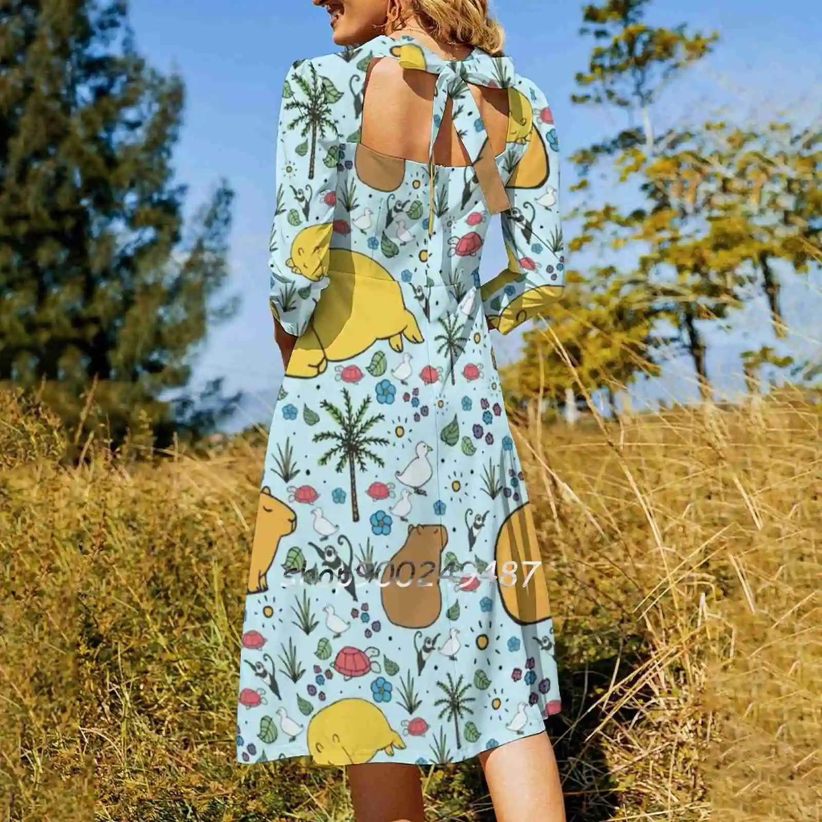 Capybaras Flare Dress Square Neck Dress Elegant Female Fashion Printed Dress Capybara Capybaras Capybara Pattern Capybara