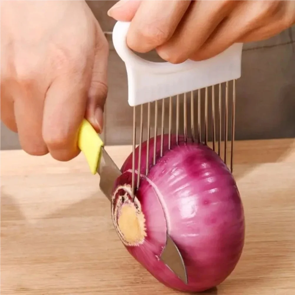

Stainless Steel Onion Cutter Holder Food Slicers Assistant Tomato Onion Slicer Holder Vegetables Cutting Fork Kitchen Gadgets