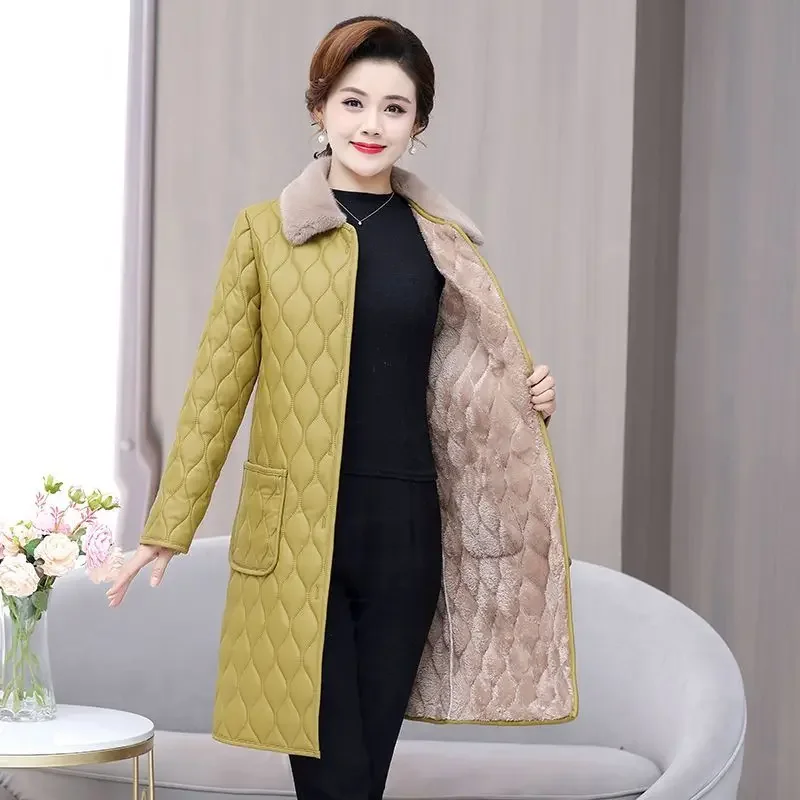 Pop High Quality Washed Leather Plush Thick Mother's Leather Cotton Jacket 2025 Winter New Mid Long Women's Jacket Quilted Jacke