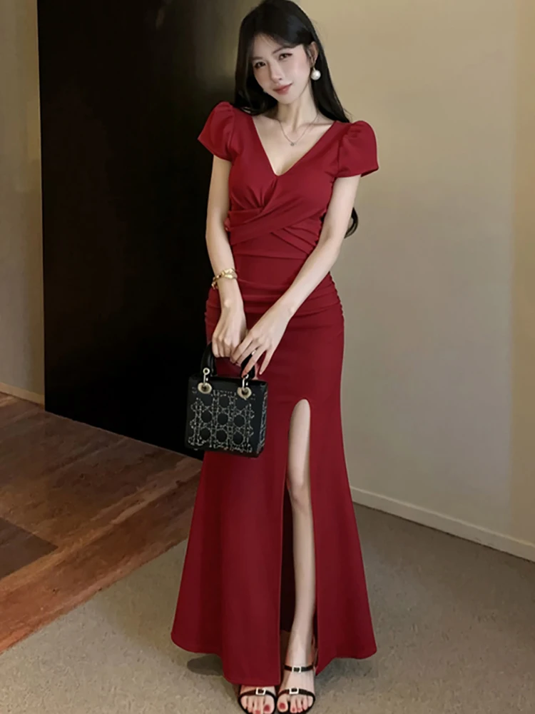 Summer Red Pleated Bodycon V-Neck Dress Women Elegant Luxury Slit Long Dress 2026 Korean Fashion Bodycon Festival Evening Dress