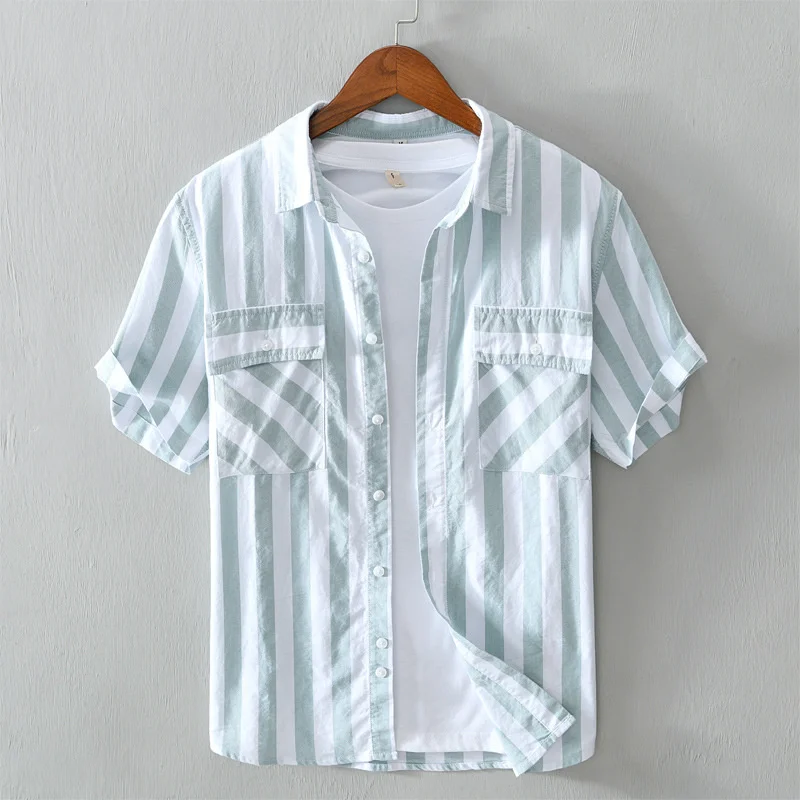 Harajuku Cotton Striped Shirt Men Japanese Style Summer Holiday Beach Short Sleeve Shirts for Man Clothing Camisa Masculina