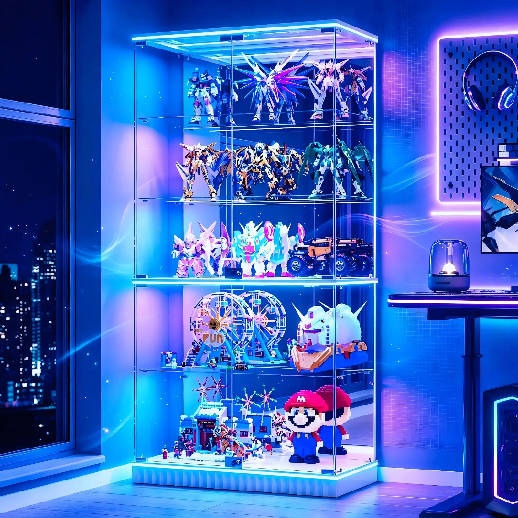 Glass Display Cabinet with Human Body Sensing RGB Lights,5-Tiers Curio Cabinet Display Case with Lock, Frameless Tall