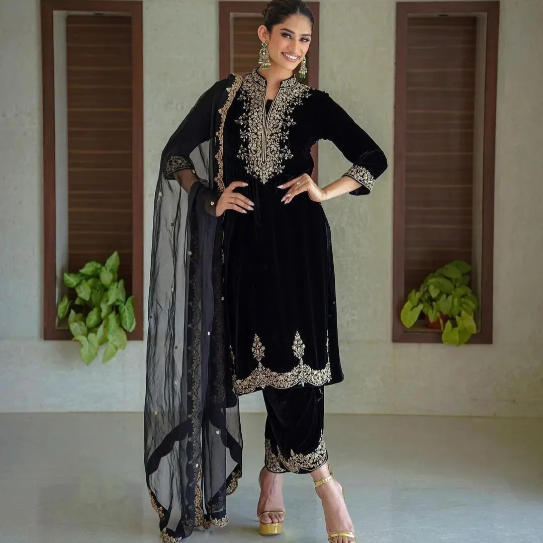 Salwar Kameez Set Black Embroidered Sharara Ethnic Traditional Clothing Elegant Round Neck Long Sleeved